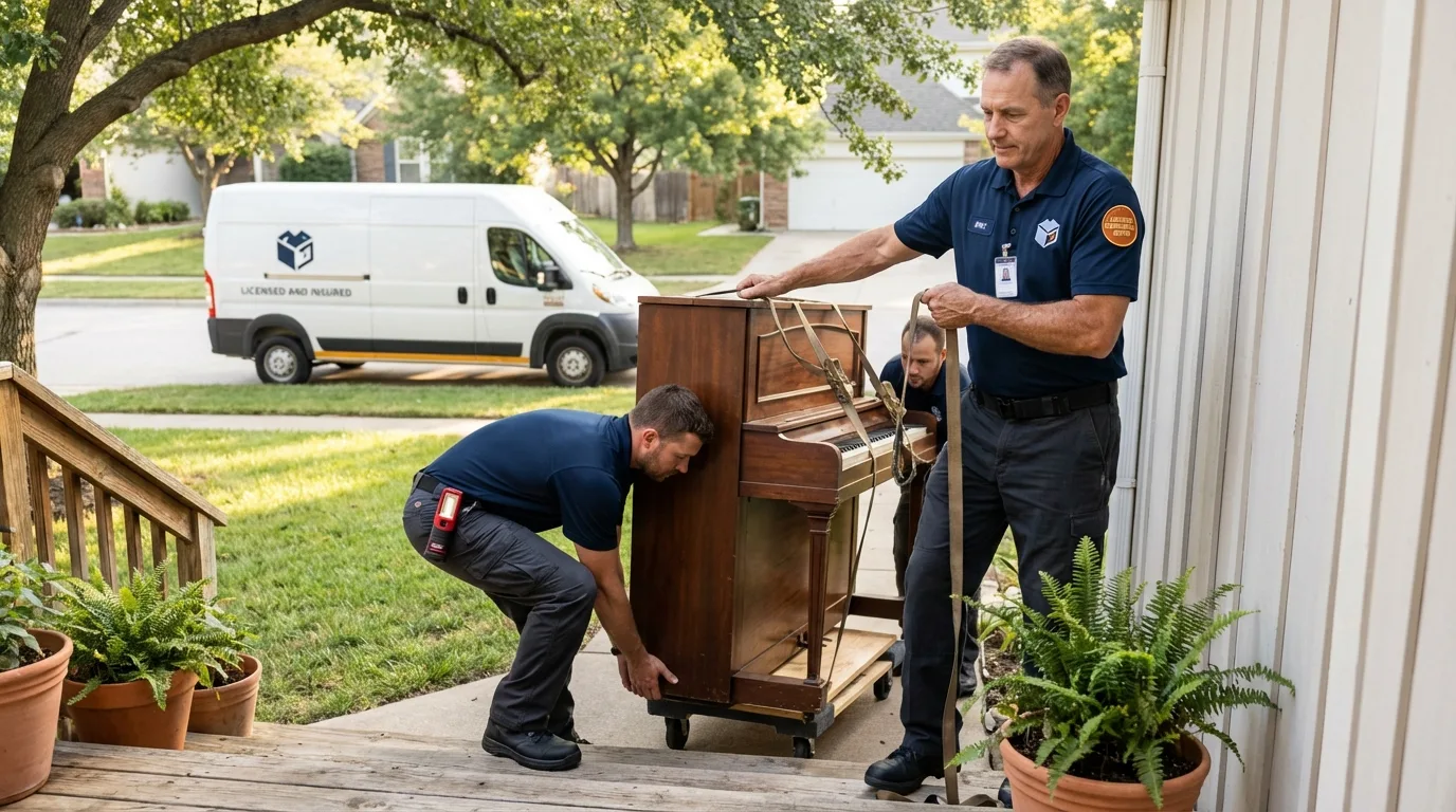 Licensed piano movers securing grand piano in Burke, VA