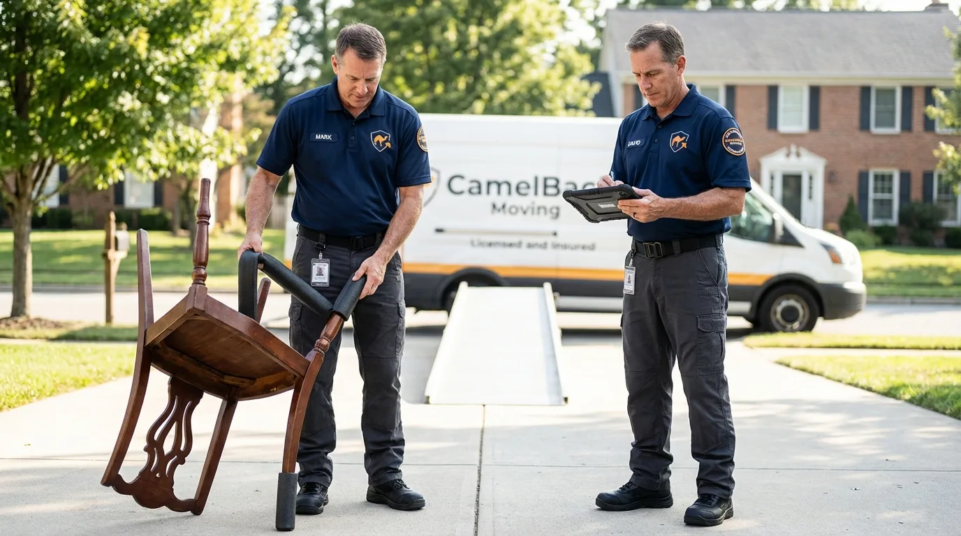 Movers inspecting furniture for damage prevention before loading in Burke, VA